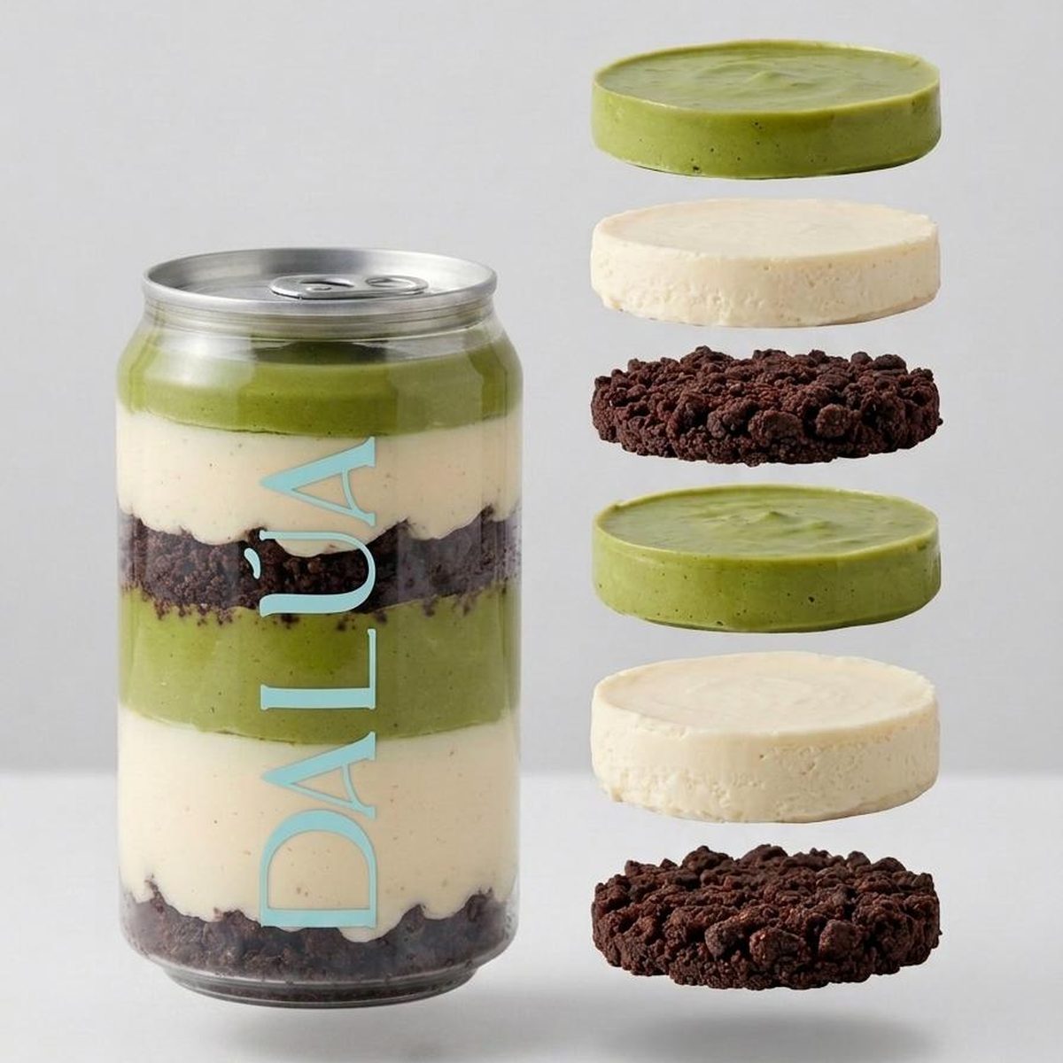 Lata Dalúa de matcha junto a alfajores de chocolate